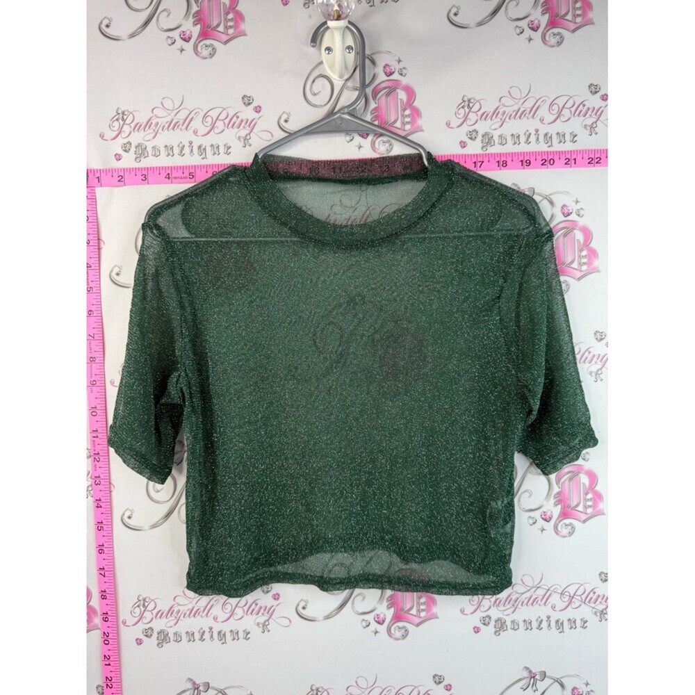SHEIN T-shirt see through sparkly green Emerald Sheer Sparkle Crop Top mesh